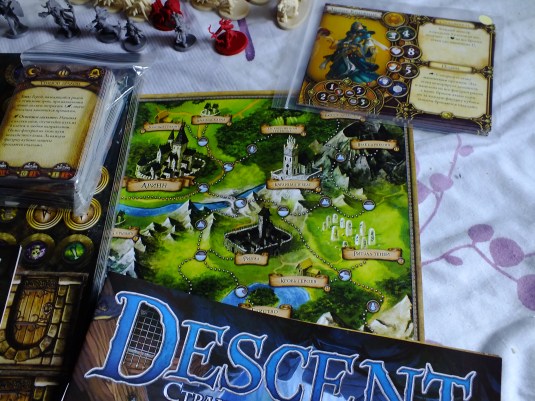 Campaign map board showing the land of Terrinoth with cities and quest locations